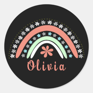 Boho Floral Rainbow mit Personalisiertem Namen Runder Aufkleber