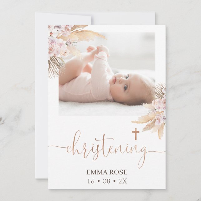 Boho Floral Rose Calligraphy Foto Christening Einladung (Vorderseite)