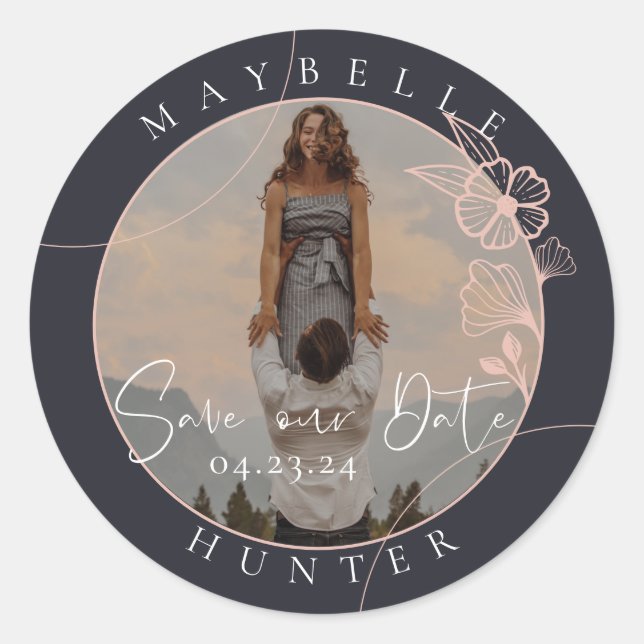 Boho Floral Rose Foto Circle Navy Save the Date Runder Aufkleber (Vorderseite)