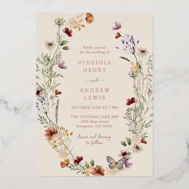 Boho Floral Rose Gold Wedding Foil Einladung (Vorderseite)