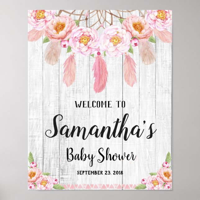 Boho Floral Rustic Baby Dusche Begrüßungszeichen Poster (Vorne)