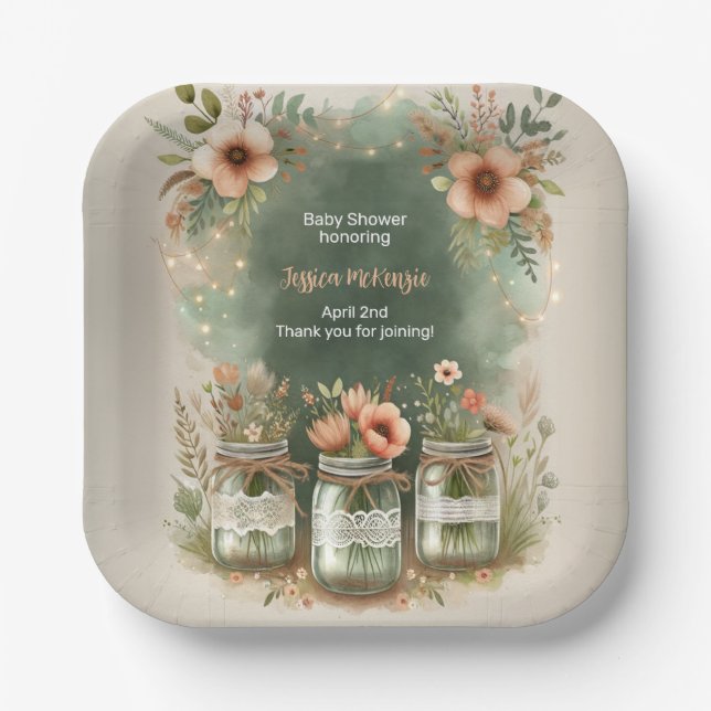 Boho Floral Rustic Floral Mason Jar Baby Dusche Pappteller (Vorderseite)