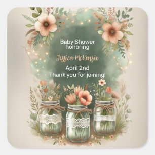 Boho Floral Rustic Floral Mason Jar Baby Dusche Quadratischer Aufkleber