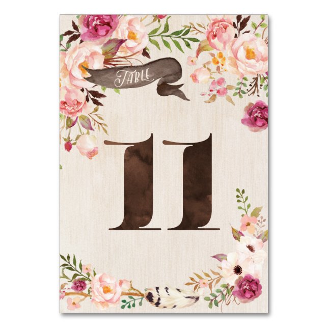 Boho Floral Rustic Wedding Tischnummer Card 11 (Vorderseite)