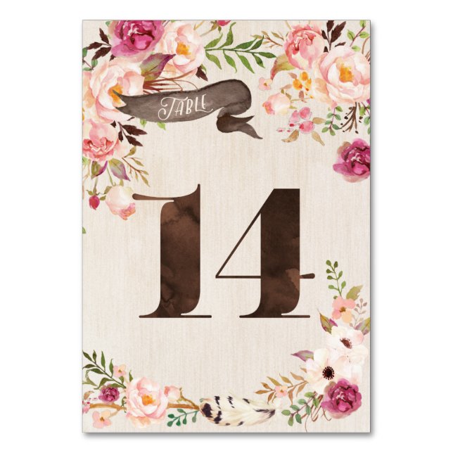 Boho Floral Rustic Wedding Tischnummer Card 14 (Vorderseite)