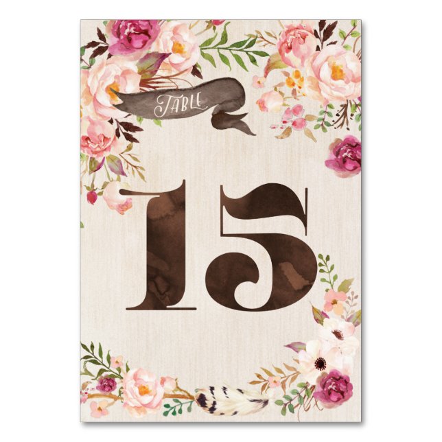 Boho Floral Rustic Wedding Tischnummer Card 15 (Vorderseite)