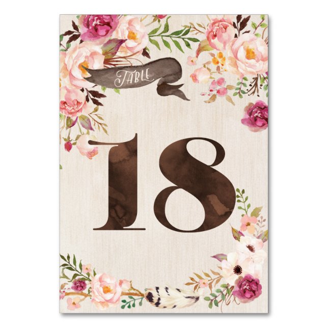 Boho Floral Rustic Wedding Tischnummer Card 18 (Vorderseite)