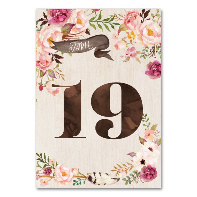 Boho Floral Rustic Wedding Tischnummer Card 19 (Vorderseite)