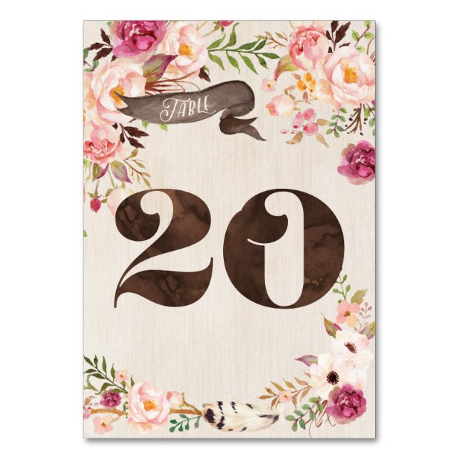 Boho Floral Rustic Wedding Tischnummer Card 20 (Vorderseite)
