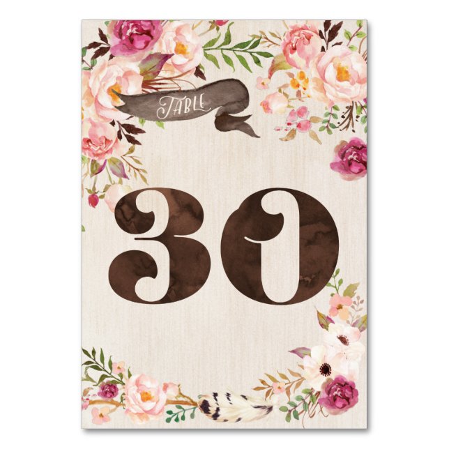 Boho Floral Rustic Wedding Tischnummer Card 30 (Vorderseite)