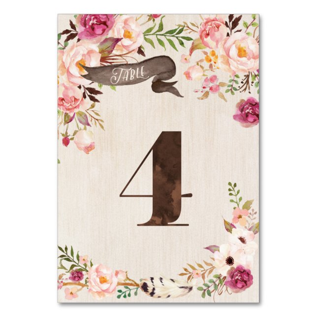 Boho Floral Rustic Wedding Tischnummer Card 4 (Vorderseite)