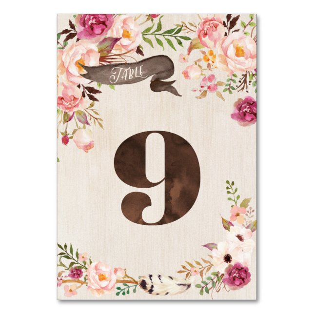 Boho Floral Rustic Wedding Tischnummer Card 9 (Vorderseite)