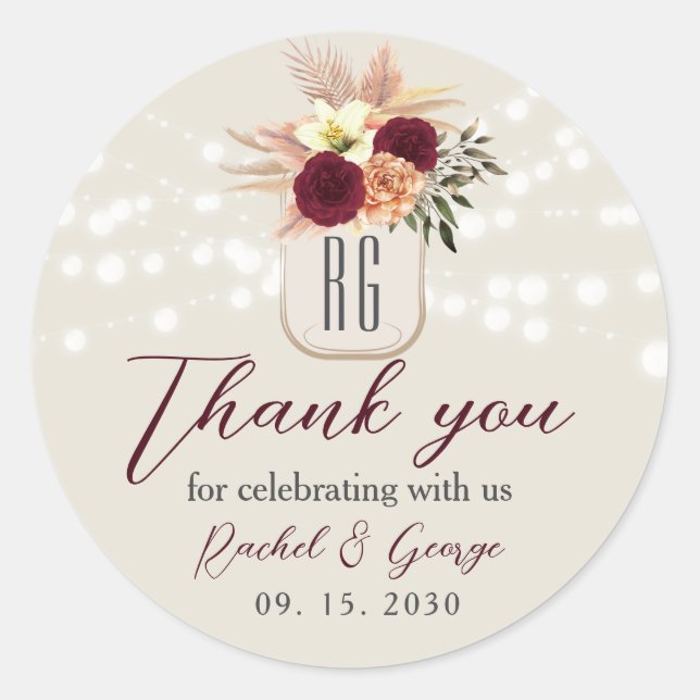 Boho Floral Rustic Wedding Vielen Dank Runder Aufkleber (Vorderseite)