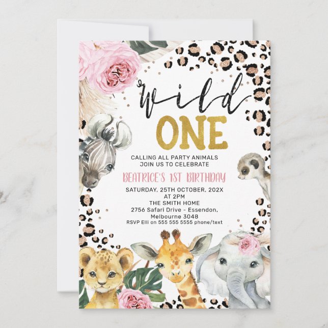 Boho Floral Safari Wild One 1st Birthday Einladung (Vorderseite)