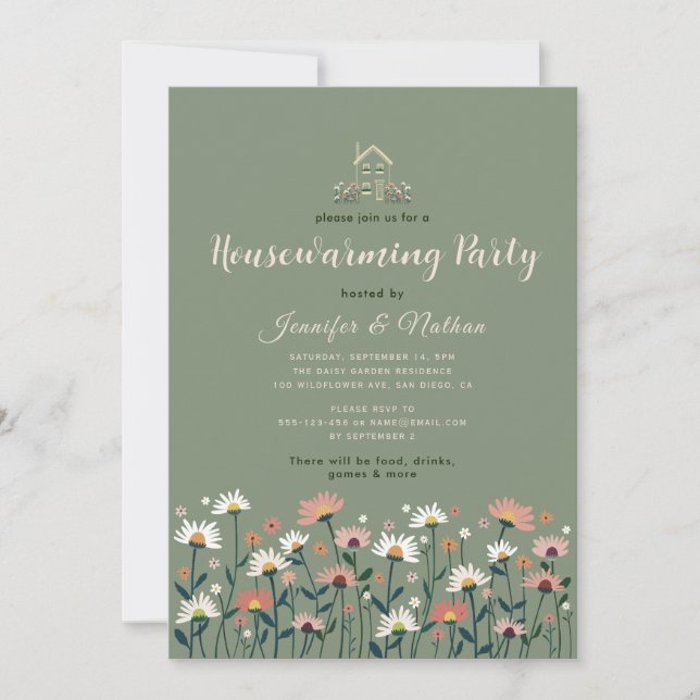 Boho Floral Sage Green Fall Housewarming Party Einladung (Vorderseite)