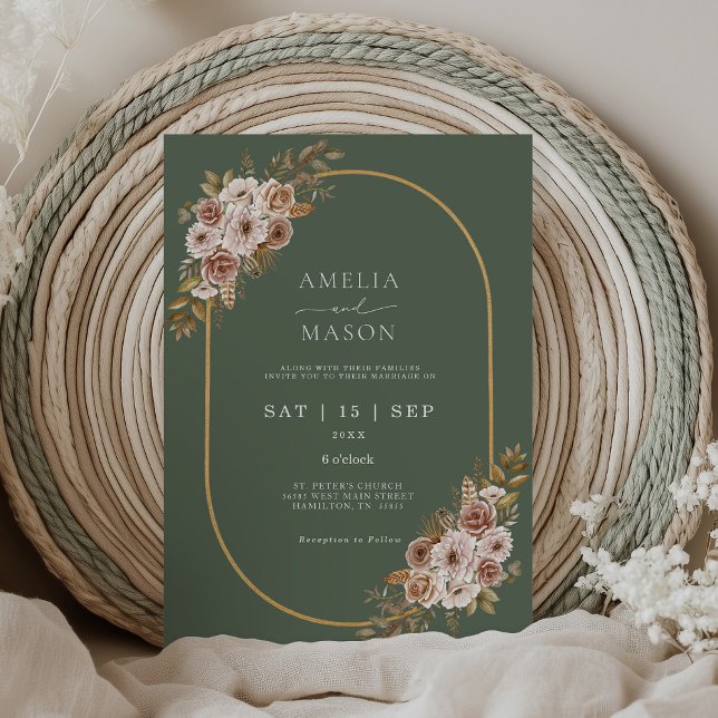 Boho Floral Sage Green und Gold Wedding Einladung (Boho Sage Green and Gold Floral Wedding Invitation)