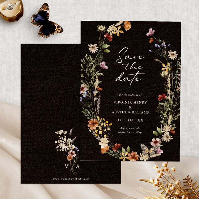 Boho Floral Save the Date (Black Boho Watercolor Floral Save The Date Monogrammed by Painted Paperie
)