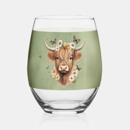 Boho Floral Scottish Cow mit Bauernhof Green Weinglas Ohne Stiel