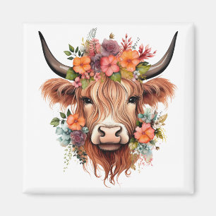 Boho Floral Scottish Highland Cow Western Blume Magnet