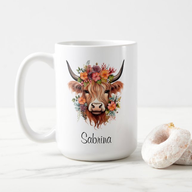 Boho Floral Scottish Highland Cow Western Custom Kaffeetasse (Mit Donut)