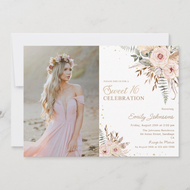 Boho Floral Script Gold Glitzer Sweet 16 Foto Einladung (Vorderseite)