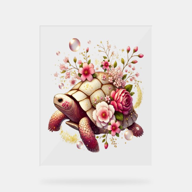 Boho Floral Sea Turtle Pink Blossom Acrylschild (Vorderseite)