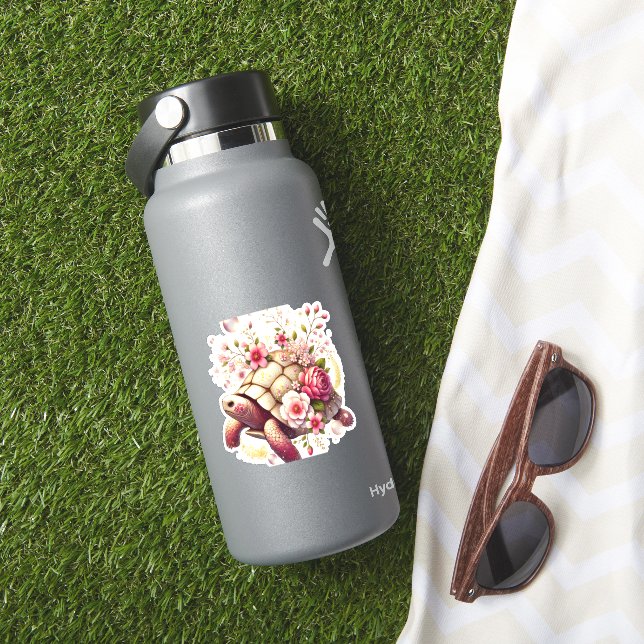 Boho Floral Sea Turtle Pink Blossom Aufkleber (HydroFlask Insitu)