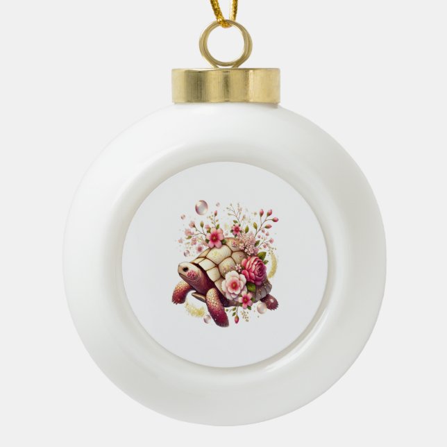Boho Floral Sea Turtle Pink Blossom Keramik Kugel-Ornament (Vorderseite)