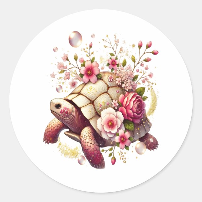 Boho Floral Sea Turtle Pink Blossom Runder Aufkleber (Vorderseite)