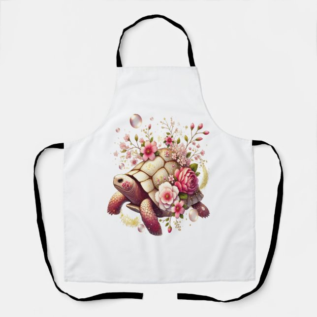 Boho Floral Sea Turtle Pink Blossom Schürze (Vorderseite)