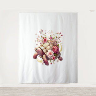 Boho Floral Sea Turtle Pink Blossom Wandteppich