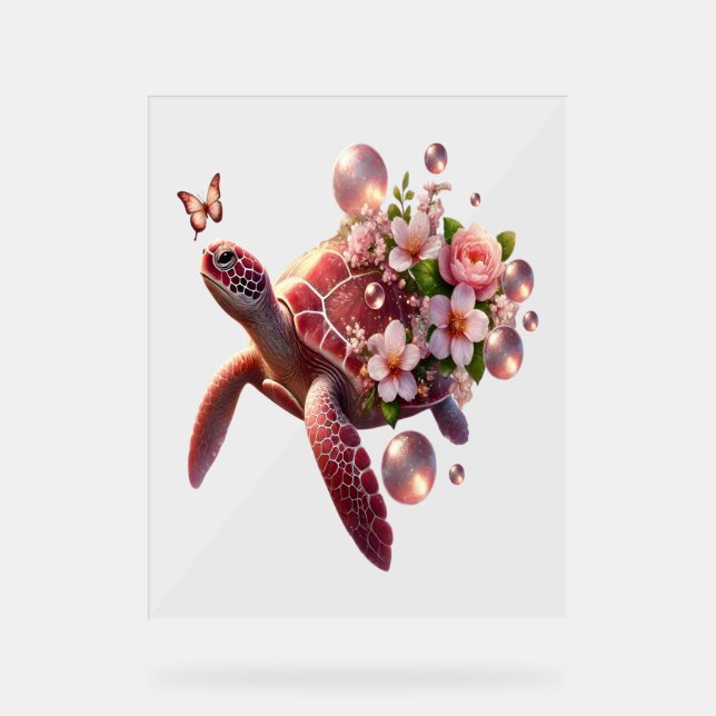 Boho Floral Sea Turtle, rosa Blossom Acrylschild (Vorderseite)
