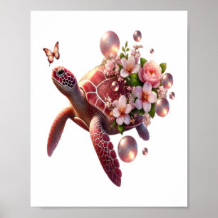 Boho Floral Sea Turtle, rosa Blossom Poster