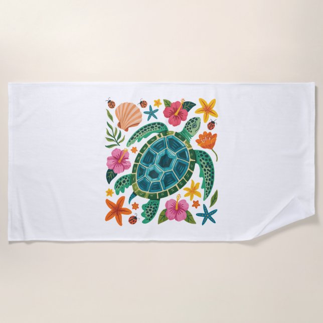Boho Floral Sea Turtle Strandtuch (Vorderseite)