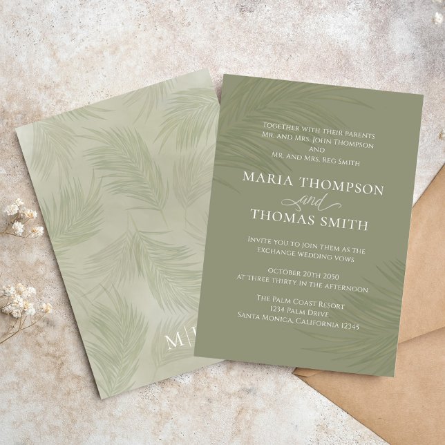 Boho Floral Simple Watercolor Green Palm Blätter Einladung (Elegant Boho tropical palm leaves wedding invitation. )