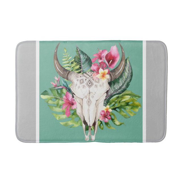 Boho Floral Skull Aquamarin & Chic Gray Modern Gla Badematte (Vorderseite)