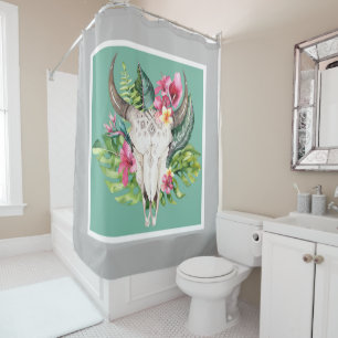 Boho Floral Skull Aquamarin & Chic Gray Modern Gla Duschvorhang