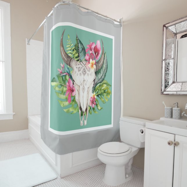 Boho Floral Skull Aquamarin & Chic Gray Modern Gla Duschvorhang (Beispiel)