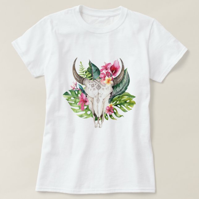Boho Floral Skull Aquamarin Tropical Island Paradi T-Shirt (Design vorne)
