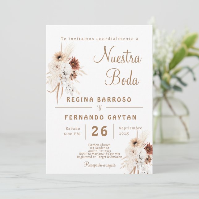 Boho Floral Spanish Wedding Einladung (Stehend Vorderseite)