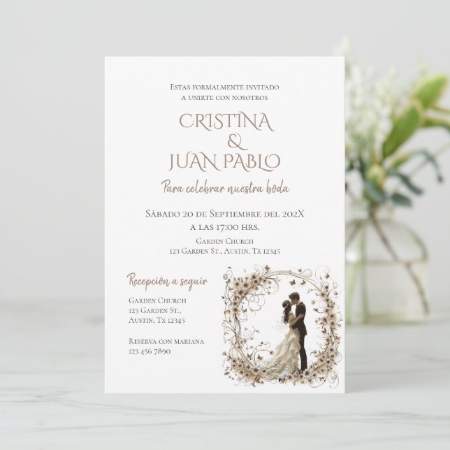 Boho Floral Spanish Wedding Einladung (Stehend Vorderseite)
