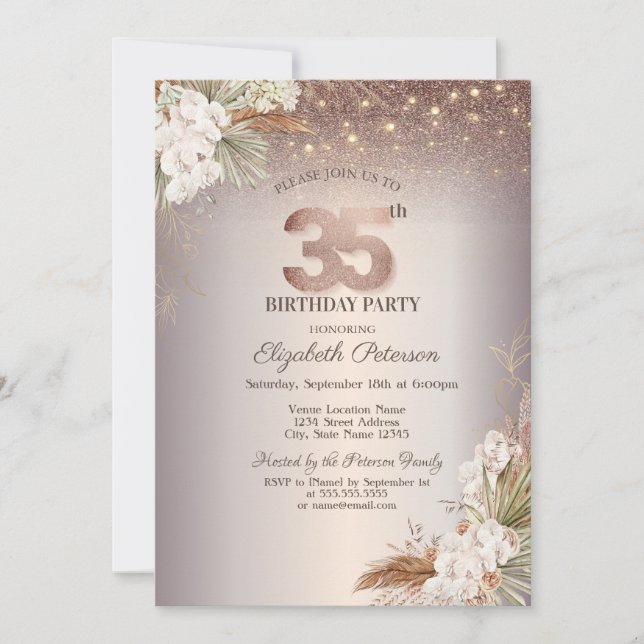 Boho Floral,String Lights Glitzer 35. Geburtstag Einladung (Vorderseite)