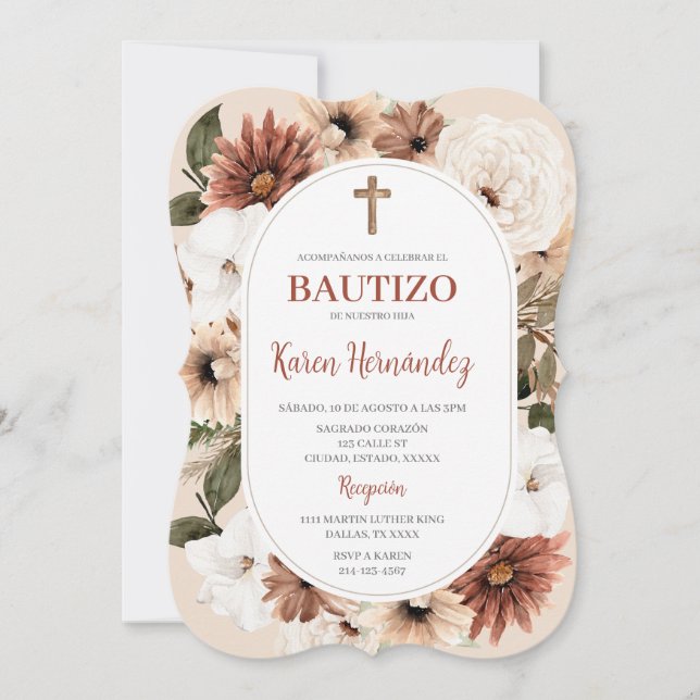 Boho Floral Taufe Spanische Einladung (Vorderseite)