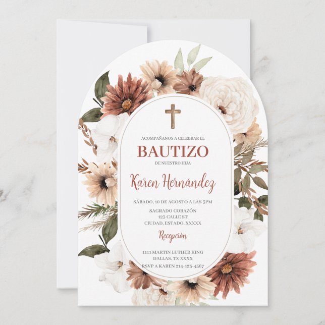 Boho Floral Taufe Spanische Einladung (Vorderseite)