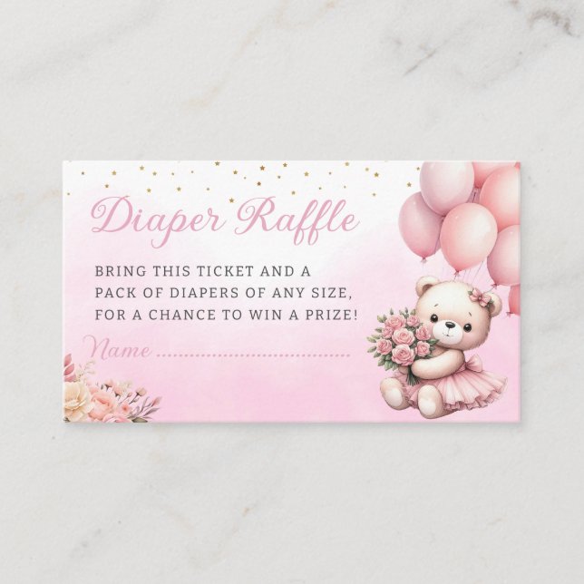 Boho Floral Teddy trägt Diaper Raffle Baby Dusche Begleitkarte (Vorderseite)