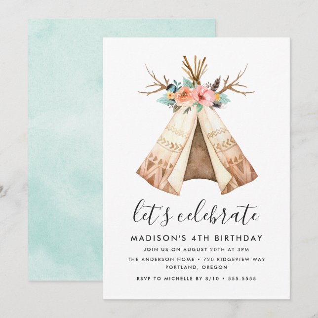Boho Floral Teepee | Einladung zur Geburtstagspart (Vorne/Hinten)