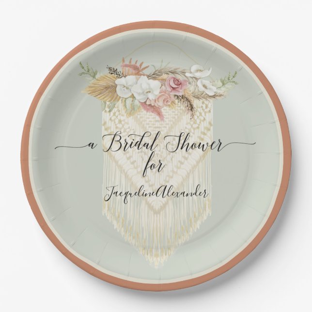 BOHO Floral Terra Cotta Pampas Grass Brautparty Pappteller (Vorderseite)