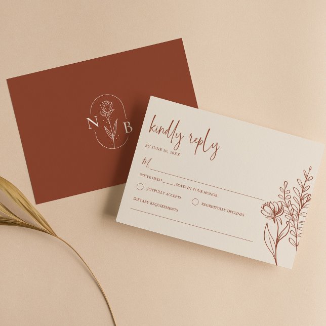 Boho Floral Terracotta Burnt Orange Wedding Modern RSVP Karte (Von Creator hochgeladen)