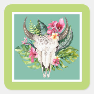 Boho-Floral-Totenkopf-Teal- und grüne Geburtstagsf Quadratischer Aufkleber