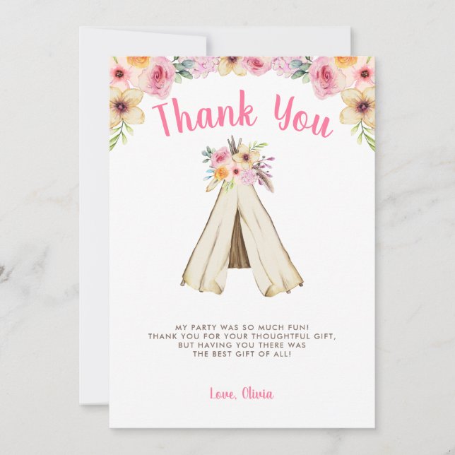 Boho Floral Tribal Teepee Birthday Dankeskarte (Vorderseite)